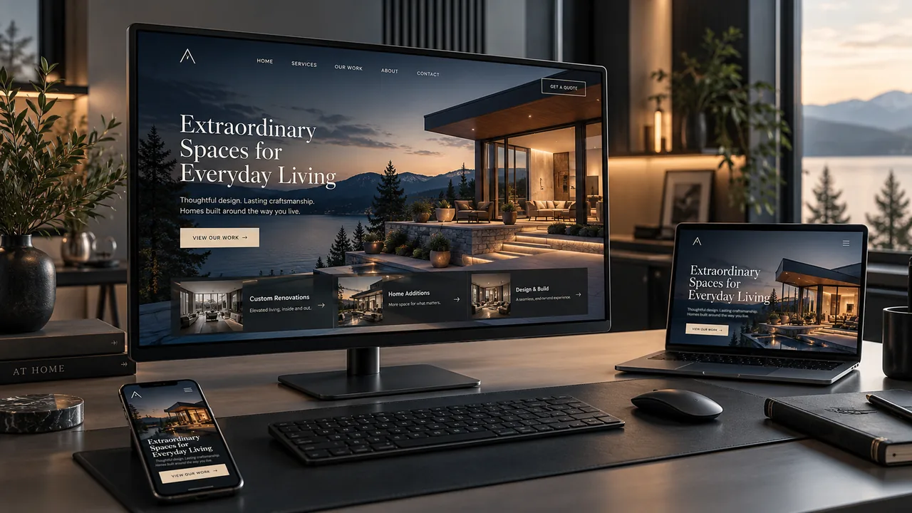 Illustration of a charcoal design workspace in warm evening light: a large monitor, a laptop and a phone all showing a fictional architecture studio website headlined “Extraordinary Spaces for Everyday Living.”