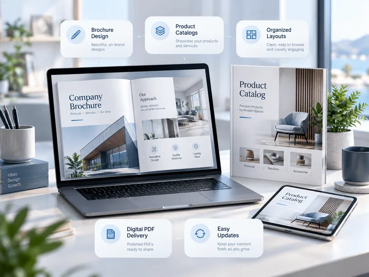 Concept illustration of a digital company brochure open on a laptop beside a product catalog and a tablet, surrounded by cards for brochure design, product catalogs, organized layouts, digital PDF delivery and easy updates.