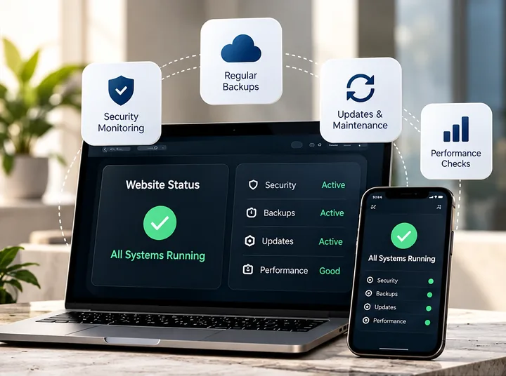 A laptop and phone showing a website status dashboard with all systems running, surrounded by icons for security monitoring, regular backups, updates and maintenance, and performance checks.